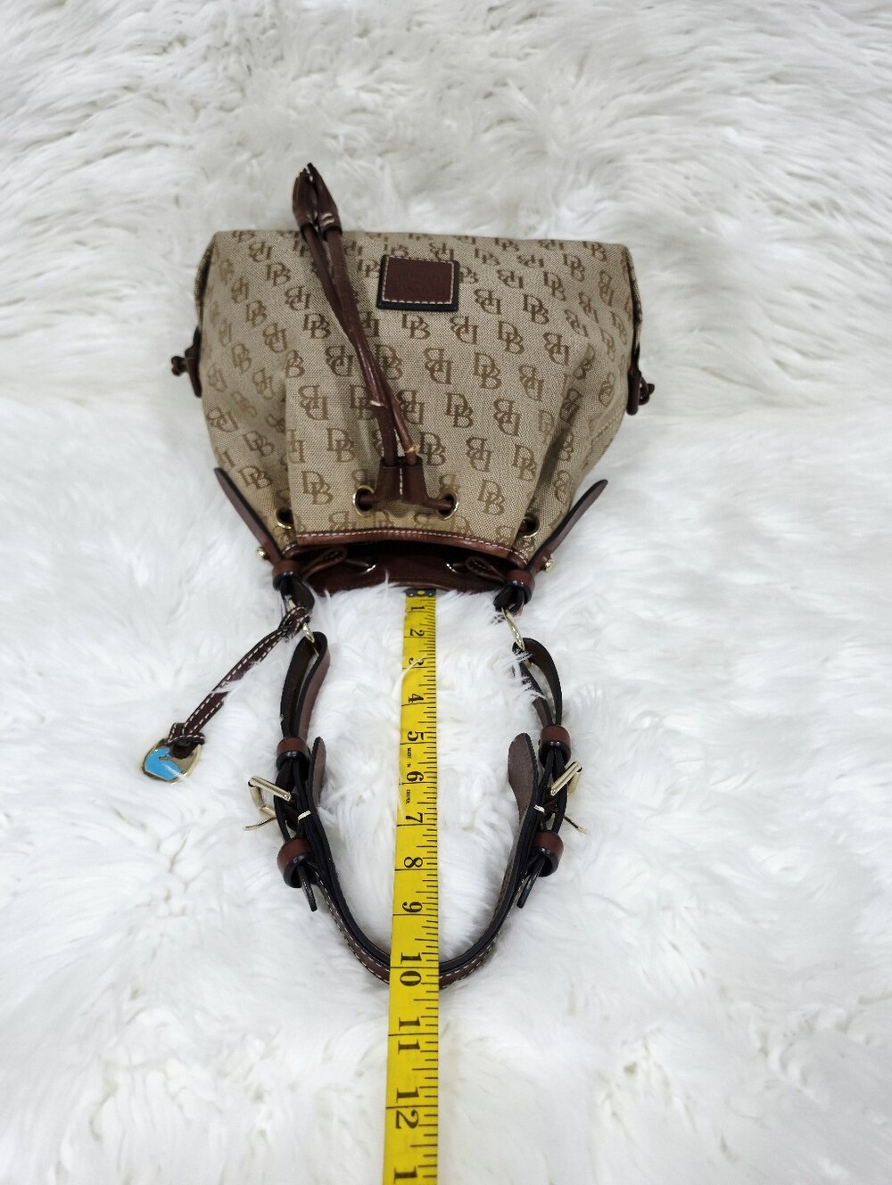 Dooney & Bourke DB Monogram Drawstring Bucket Bag Tan Brown Leather - Picture 6 of 17
